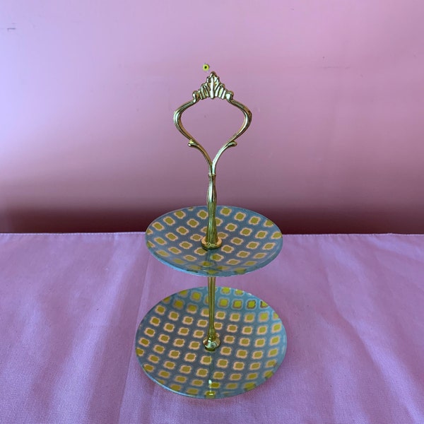 Small Two Tier Tray Gold Coloured Handle Yellow Geometric Pattern/Blue Grey Background Home Decor Display Piece Jewelry/Trinket Holder