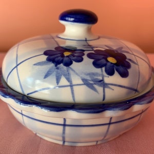 Ceramic Trinket Dish/Butter Container White With Blue Parallel Crossing Lines and Blue Flowers Kitchen Decor Home Decor
