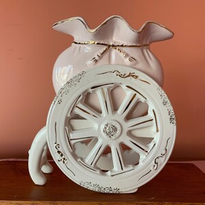 Vintage Ceramic Two Wheel Cart with Pink Bag Planter Japan Home Decor Collectible Decorative