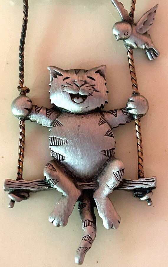 Pewter Cat on Swing Hanging From Branch Brooch/Pi… - image 3
