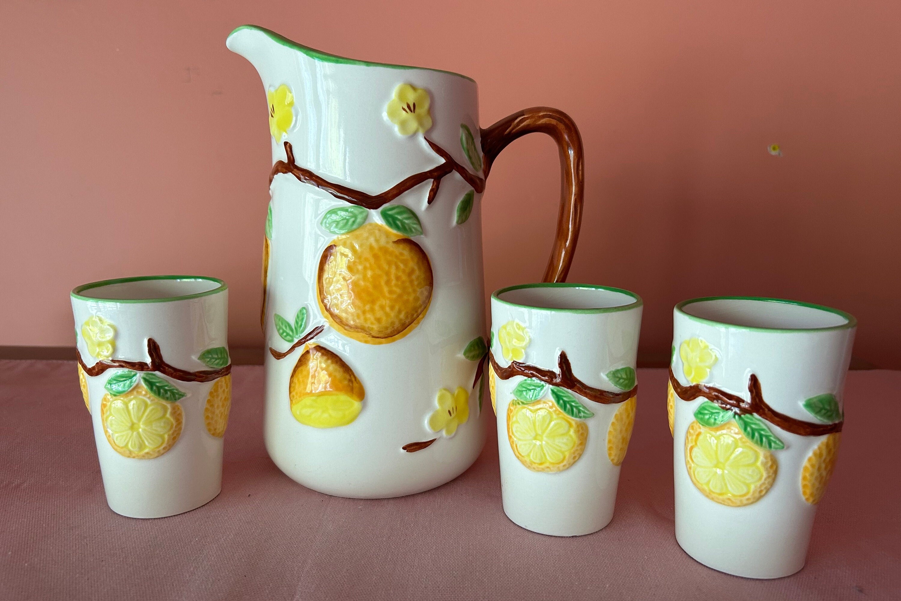 Vintage Ceramic Lemonade Themed Pitcher/jug With 3 Matching