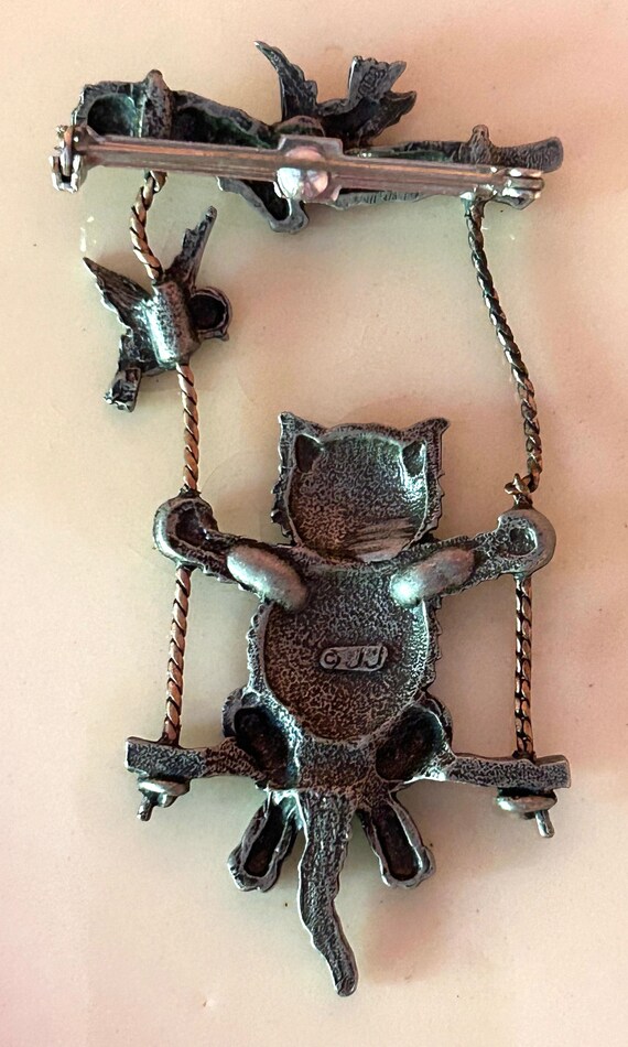 Pewter Cat on Swing Hanging From Branch Brooch/Pi… - image 4