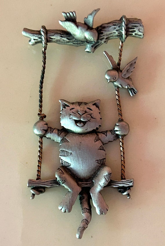 Pewter Cat on Swing Hanging From Branch Brooch/Pi… - image 2