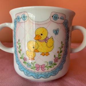 Vintage Porcelain Baby Cup (Double Handles) Bib With Mama and Baby Duck Image Made in Japan Collectible