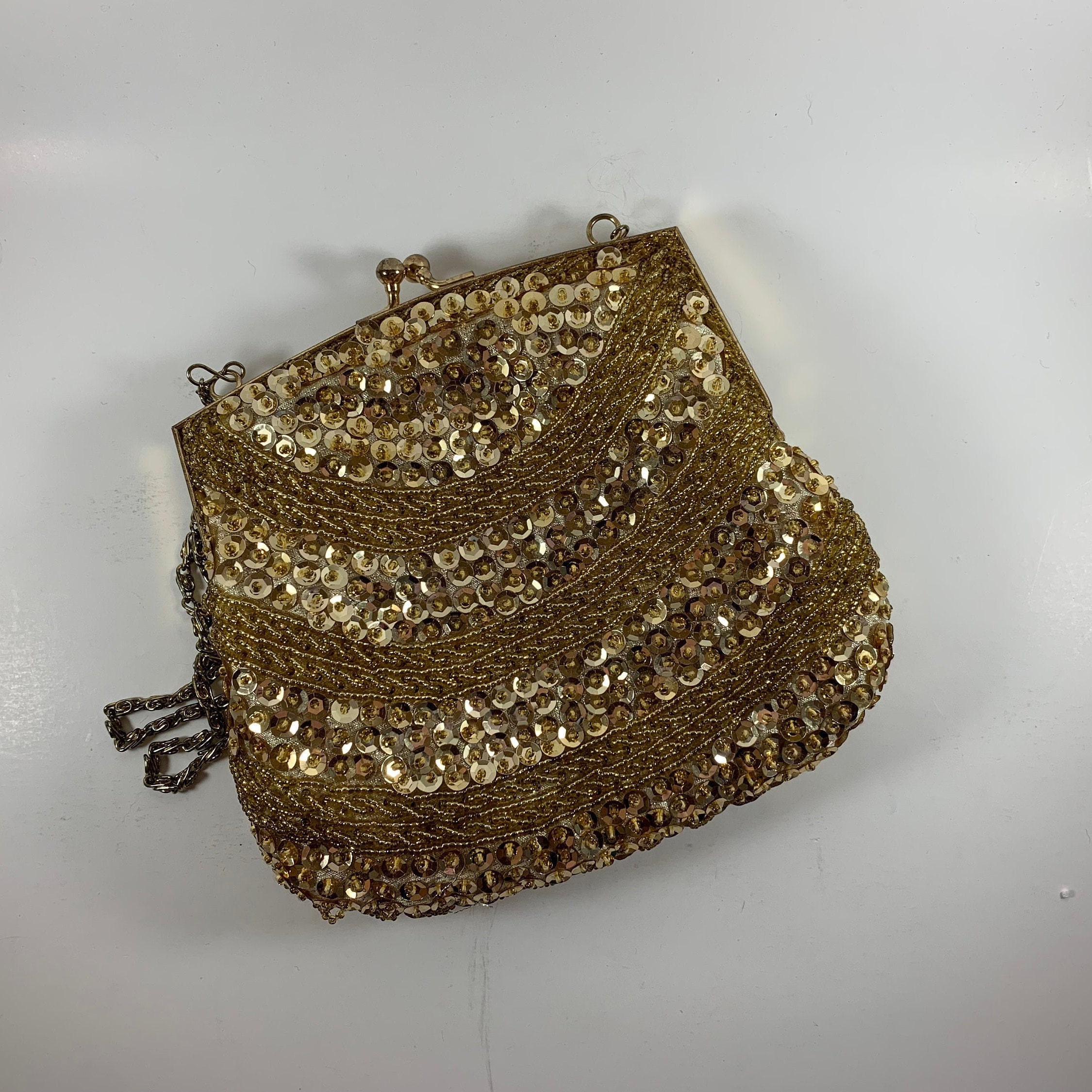 Vintage DeLill Handmade In France Beaded Cream White Gold Sequin Purse Bag  Women - Bags and purses