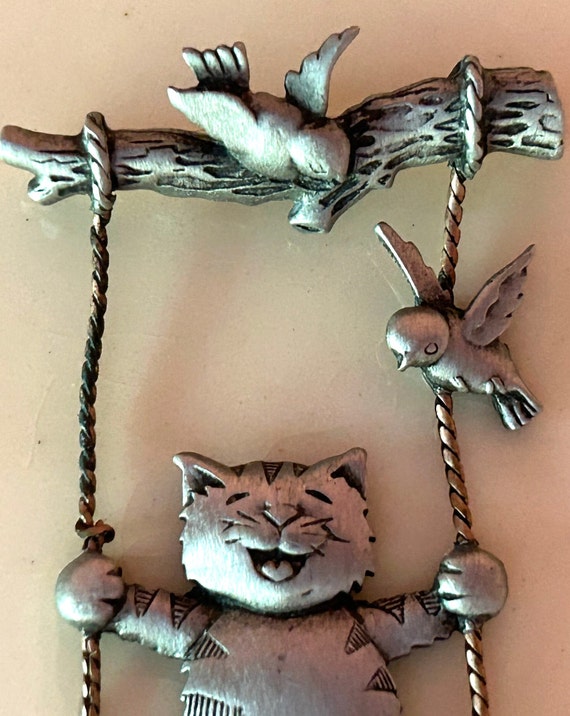 Pewter Cat on Swing Hanging From Branch Brooch/Pi… - image 5
