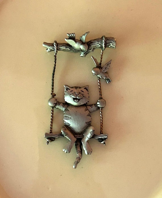 Pewter Cat on Swing Hanging From Branch Brooch/Pi… - image 1