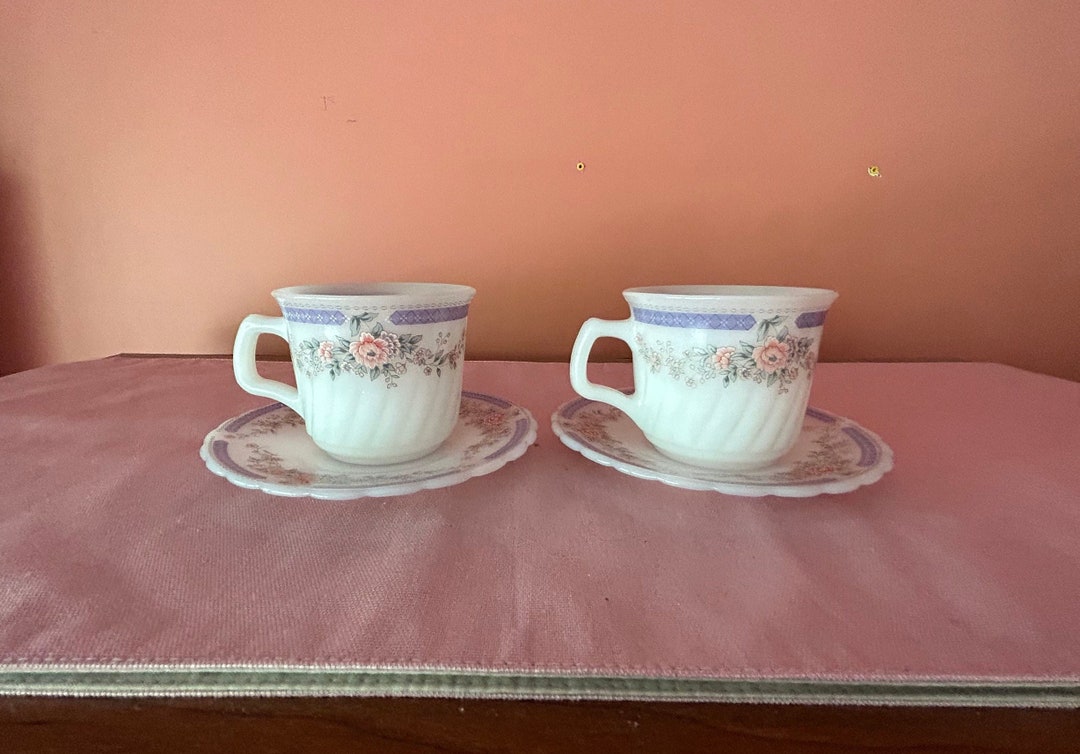 Vintage Indopal Milk Glass Tea Cup/saucer Set includes 2 With Pink Flowers/lilac Purple Trim