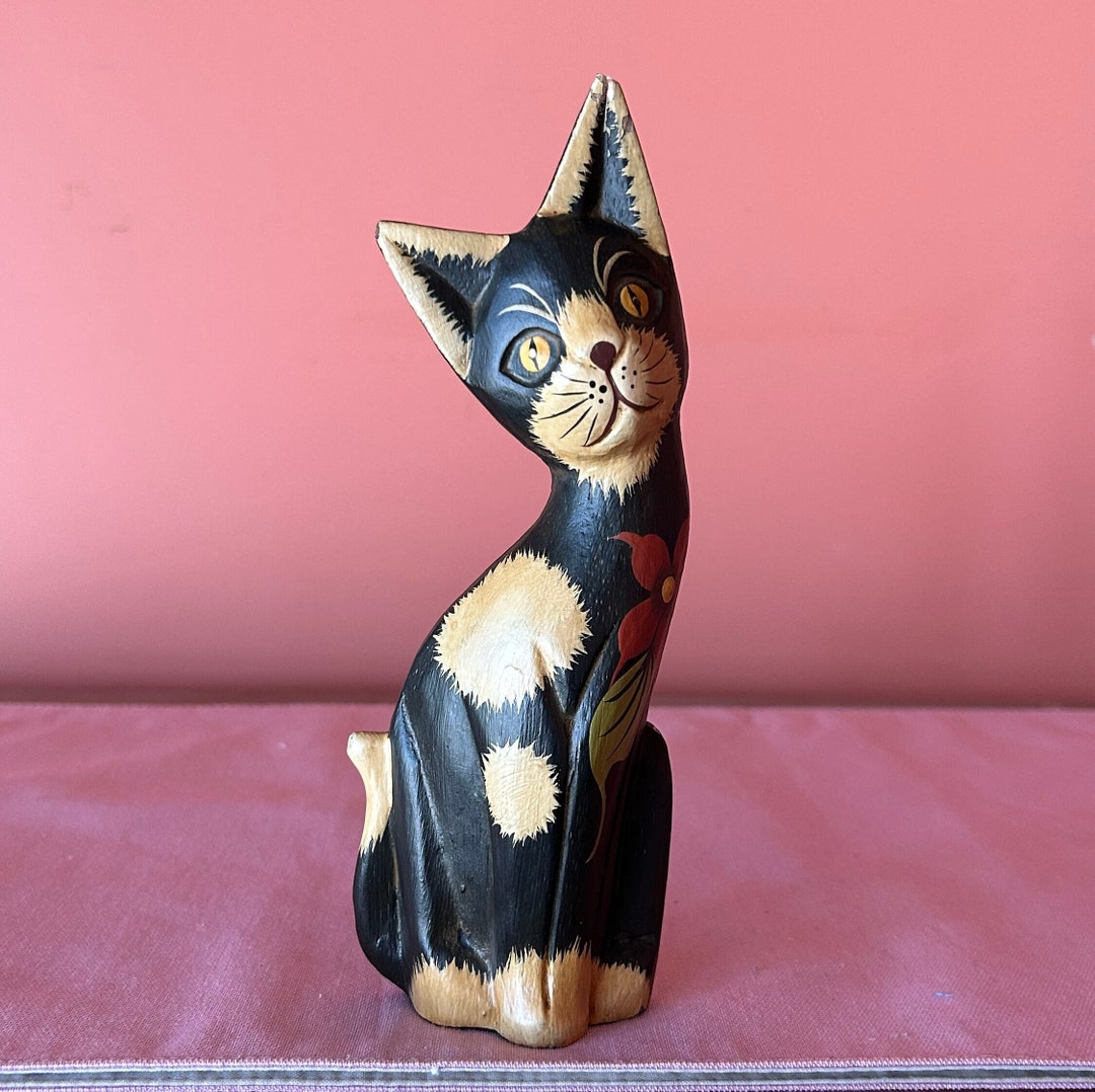 Folk Art Wood Carved Cat Hand Painted Made in Indonesia Home Etsy