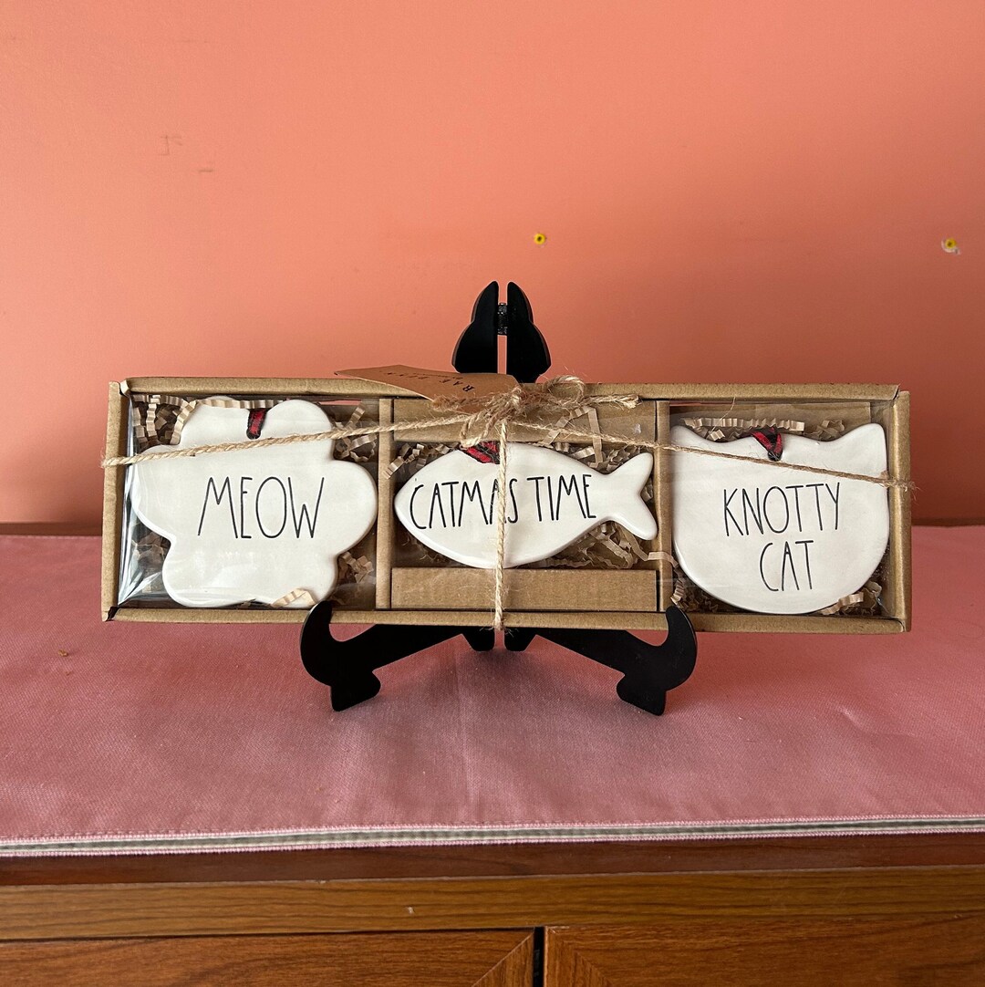 Rae Dunn Cat Themed Christmas Tree Ornaments includes 3 Magenta Cat