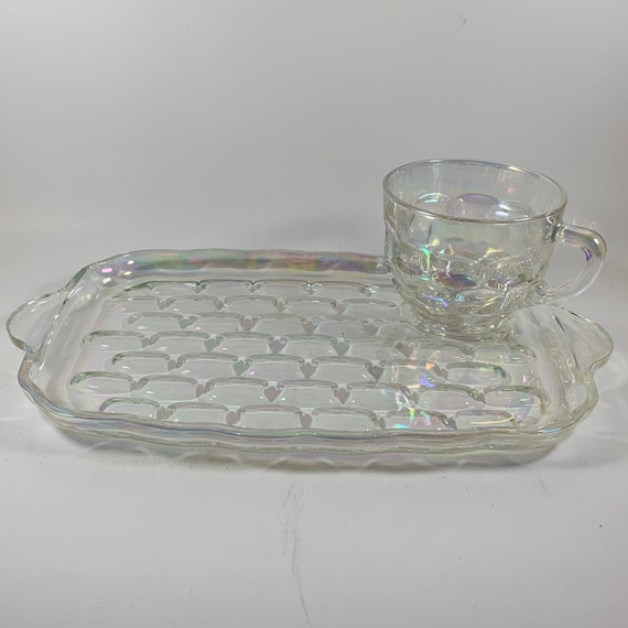 Vintage Snack Dish/tea Cup Set Iridescent Glass Carnival Glass