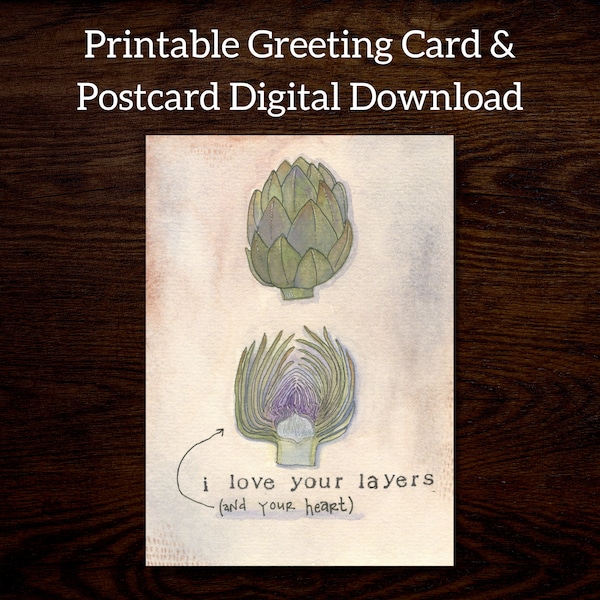 Artichoke Art Printable Greeting Card, Postcard, and Envelope Stationery Bundle | Digital Download | I Love Your Layers and Your Heart