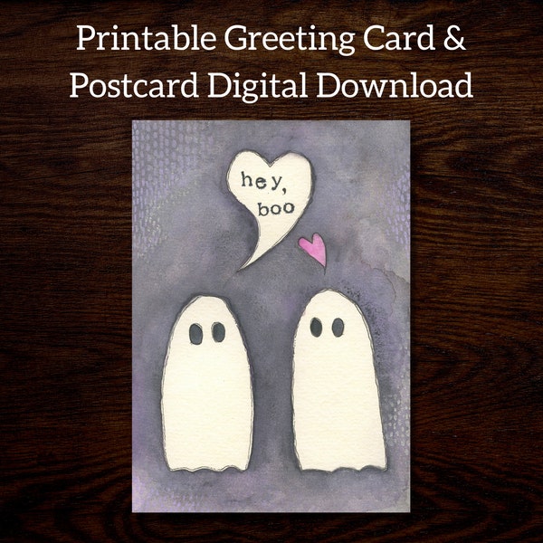 Romantic Ghosts Printable Greeting Card, Postcard, and Envelope Stationery Bundle | Digital Download | Hey Boo