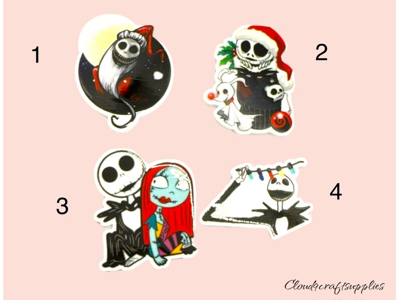 May include: Four stickers featuring characters from The Nightmare Before Christmas. Designs include Jack Skellington in a Santa hat, Jack and Sally, and Jack with Christmas lights. The stickers are white with colourful illustrations.