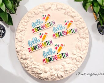 Planar flatback- Hello Kindergaten , 2 pcs- Embellishment- Cabochon - Hair Bow Center- School Resin, Back to School Resin, Grade Resin