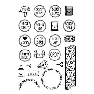 May include: Black and white digital stamps with various crafting themes, including "Crafty Kisses", "Blog Love", "Blog Candy", "Gettin' Inky", "Scrap Night", "Stamps", "Blog Post", "Blog Hop", "Crafty Mojo", "Crop", "Crafty Treats", and "From the Crafty Mind Of".