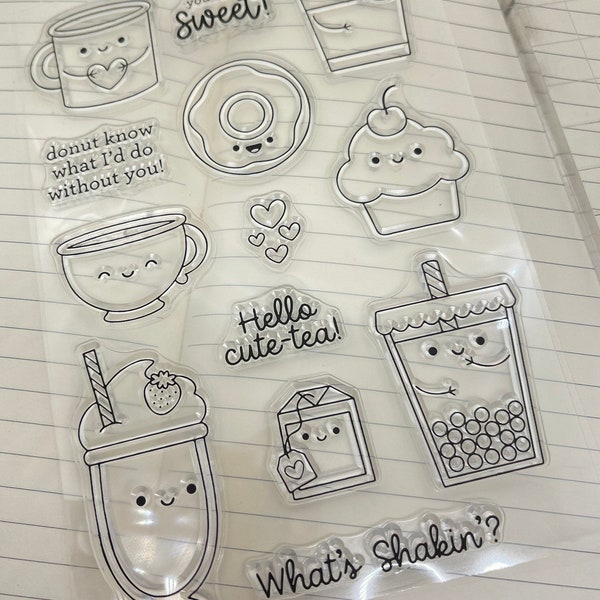 Treat yourself stamp hello cute- tea, you’re so sweet, donut for card making and scrapbooking