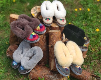 Lucky Dip Women's Sheepskin Slippers,Polish Moccasins for Women With Colorful Embroidery, Folk Women's Sheepskin Slippers,Home Shoes for Her