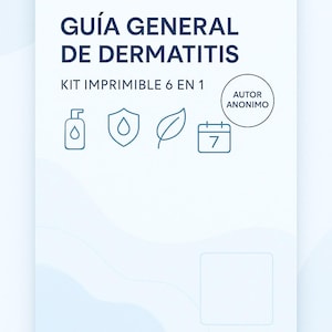 Op de afbeelding: Een witte printbare kit getiteld "GUÍA GENERAL DE DERMATITIS" met de tekst "KIT IMPRIMIBLE 6 EN 1". Bevat pictogrammen van een fles, schild, blad en kalender. De auteur is "AUTOR ANONIMO".