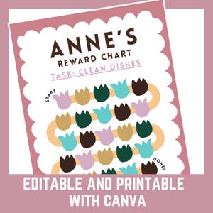 May include: A pink reward chart with the text "ANNE'S REWARD CHART TASK: CLEAN DISHES". The chart features a path of colorful tulip illustrations, with the words "START" and "DONE!". The bottom of the chart reads "EDITABLE AND PRINTABLE WITH CANVA".