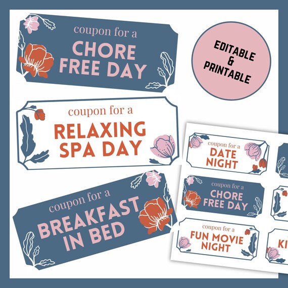 Date Night Gift Coupon Book INSTANT DOWNLOAD, Editable Text