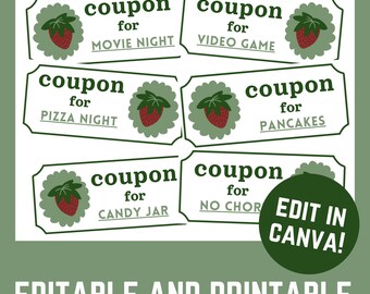 Editable Kids Reward Coupons, Chore Chart Coupons (Canva Template)