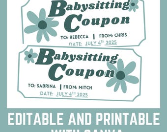 Editable Babysitting Coupon Template, Printable Gift Voucher (Digital Download)