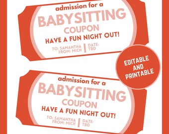 Babysitting Coupon, Editable Gift Voucher (PDF)