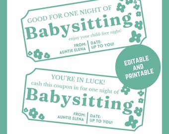 Editable Babysitting Coupon Template, Date Night Gift (Digital Download)