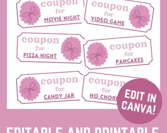 Editable Kid Reward Coupons, Chore Chart Printable (PDF)