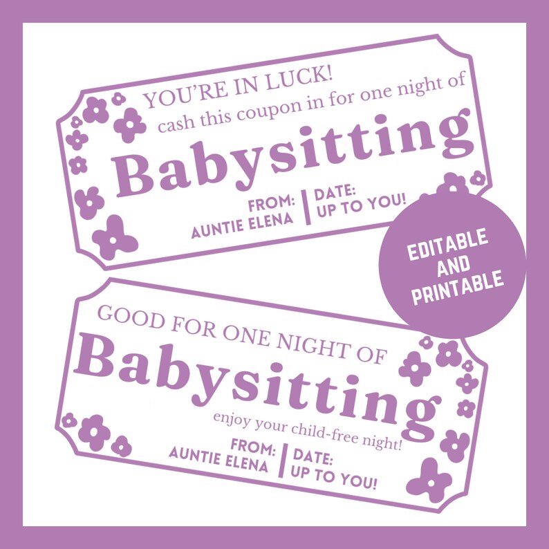 Editable Babysitting Voucher Babysitting Coupon Custom Gift Voucher ...