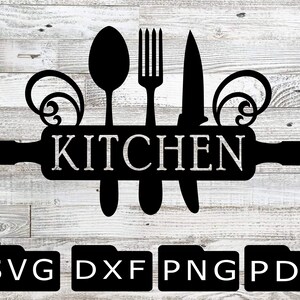 May include: Black silhouette of a rolling pin with the word "KITCHEN" on it.  A spoon, fork, and knife are above the rolling pin.  The design is framed by two decorative swirls.