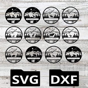 Può includere: Dodici file di taglio SVG e DXF in bianco e nero che rappresentano una scena di montagna con un lago, alberi e animali. I file sono perfetti per creare ornamenti personalizzati, sottobicchieri o altri oggetti artigianali.