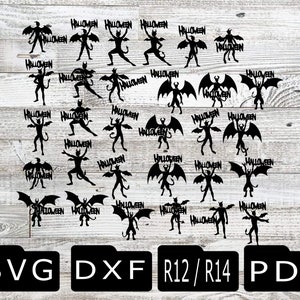 May include: A set of 20 black and white SVG cut files featuring a devil with wings and the word "Halloween".