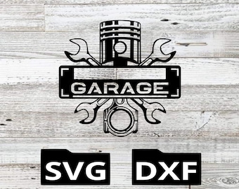 May include: Black and white graphic design of a piston, wrenches, and the word "GARAGE" on a white wood background. The image includes the file types "SVG" and "DXF".