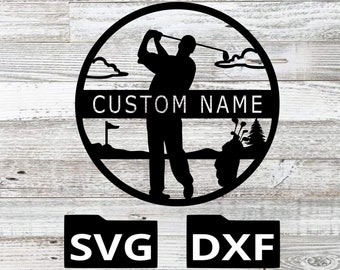May include: Black and white silhouette of a golfer swinging a club in a circle with the text "CUSTOM NAME" in the center. The image includes a golf bag, a golf flag, and clouds. The image is on a wood background with the words "SVG" and "DXF" below the circle.