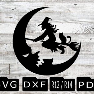 May include: Black silhouette of a witch flying on a broomstick in front of a crescent moon. The witch has a cat on her shoulder and another cat is sitting on the moon.