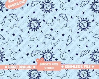 Naadloos hemelpatroon | Zon, maan, sterren, png (digitale download)