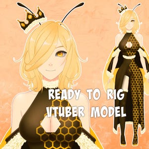 Peut inclure: Illustration numérique d'un modèle VTuber sur le thème de l'abeille. Le personnage a des cheveux blonds, une couronne et des antennes d'abeille. La tenue est noire et dorée avec un motif en nid d'abeille. Le texte sur l'image indique "READY TO RIG VTUBER MODEL."