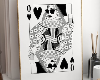 black white queen of hearts edgy wall art funky print, college apartment decor aesthetic wall art groovy poster, bar cart art funky decor
