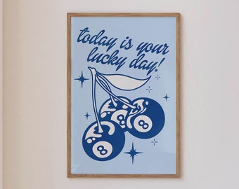 blue wall art print lucky you poster funky decor, neutral funky wall art bar cart decor, retro art print y2k poster college apartment decor