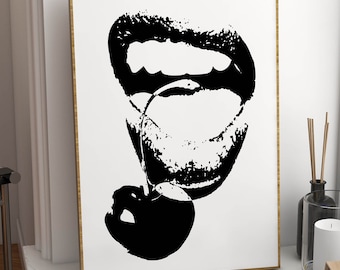 large neutral wall art apartment decor, black and white art 70s style poster aesthetic room decor, retro funky wall art quirky home decor