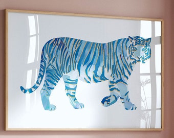 tiger painting blue animal art print preppy dorm decor, horizontal wall art apartment decor aesthetic poster coastal granddaughter decor