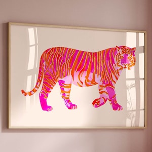tiger painting large maximalist wall art preppy room decor, funky horizontal wall art college dorm decor, pink orange wall art animal print image 3