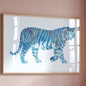 tiger painting blue animal art print preppy dorm decor, horizontal wall art apartment decor aesthetic poster coastal granddaughter decor