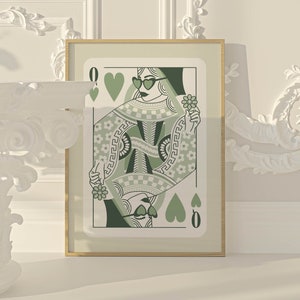 reina de corazones arte de pared verde salvia decoración de habitación fresca cartel estético, arte de pared de moda decoración de dormitorio verde, arte de pared retro decoración de la habitación de las niñas