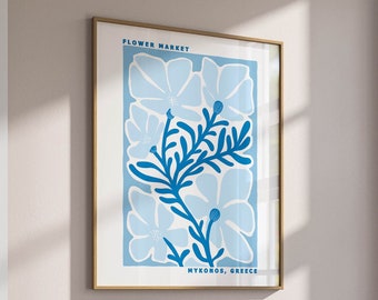 flower market poster apartment decor, living room wall art print out poster aesthetic room decor, floral blue wall art print beachy decor