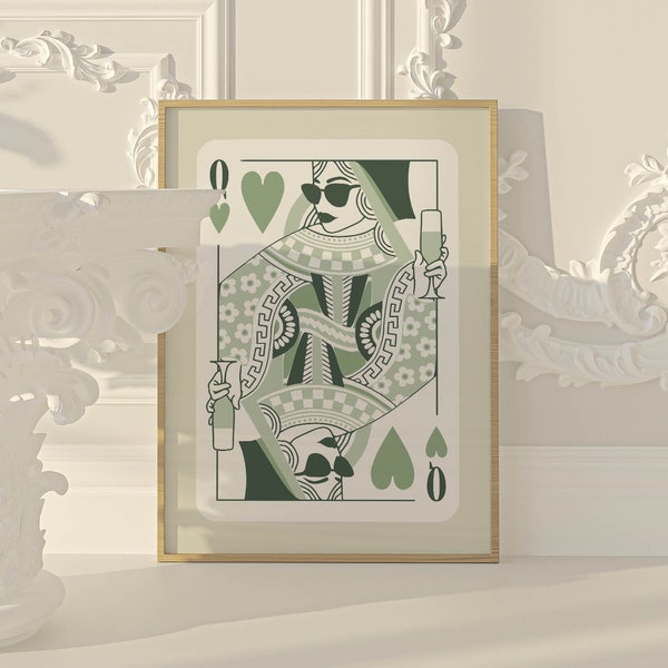 queen of hearts sage green wall art cool room decor aesthetic, trendy wall art green bedroom decor, office wall art trendy cute home decor