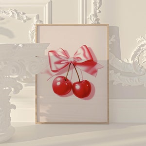 femme aesthetic wall decor cherry poster, pink wall art bow decor, trendy art coquette room decor aesthetic poster girls room decor for teen
