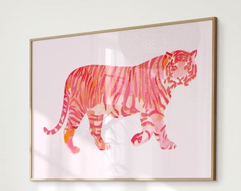 Peinture de tigre, impression d'animal, art mural rose et orange, décor de dortoir preppy, affiche esthétique, art mural maximaliste horizontal, décor de dopamine